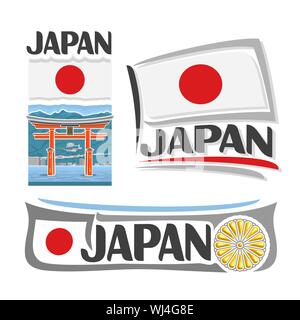 Vector logo for Japan, 3 isolated images: banner with torii gate in Miyajima on national state nipponese flag and chrysanthemum emblem - imperial seal Stock Vector