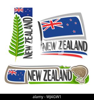 Vector logo for New Zealand, 3 isolated images: vertical banner with branch of green fern leaf on background of NZ national state flag and symbol of n Stock Vector