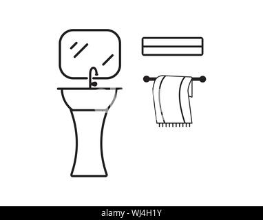 Bathroom Sink with Mirror and Towel Icon in Line Style Stock Vector