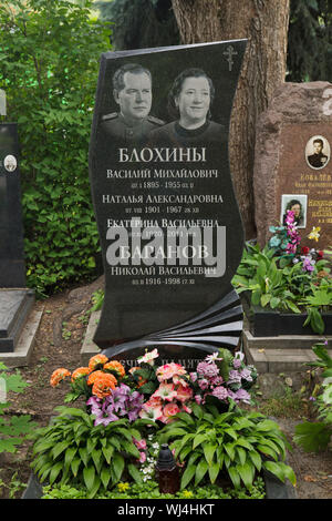 Grave of Soviet general Vasily Blokhin (1895 - 1955) and his relatives at the Donskoye Cemetery in Moscow, Russia. Vasily Blokhin was the chief executioner of the NKVD during the Great Terror. He obviously personally executed Russian writer Isaac Babel, Russian theatre director Vsevolod Meyerhold, Soviet military commander Mikhail Tukhachevsky and many others. Stock Photo