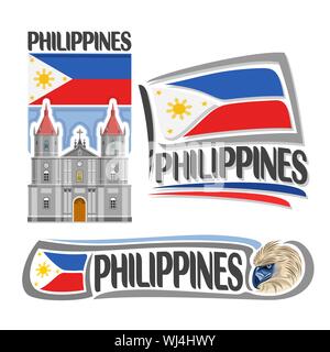 Vector logo for Philippines, 3 isolated images: vertical banner with molo church in iloilo on filipino national state flag and symbol of philippines - Stock Vector
