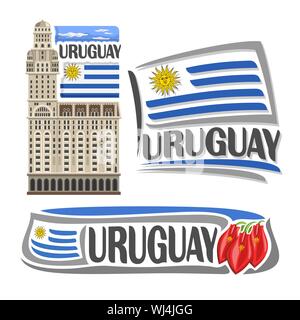 Vector logo for Uruguay, 3 isolated images: salvo palace in Montevideo on national state Uruguayan Flag and ceibo flowers. Stock Vector