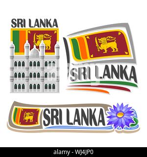 Vector logo for Sri Lanka, 3 isolated images: vertical banner with Dewatagaha mosque in Colombo on background of lankan national state flag and symbol Stock Vector