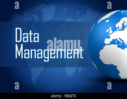 Data Management concept with globe on blue background Stock Photo