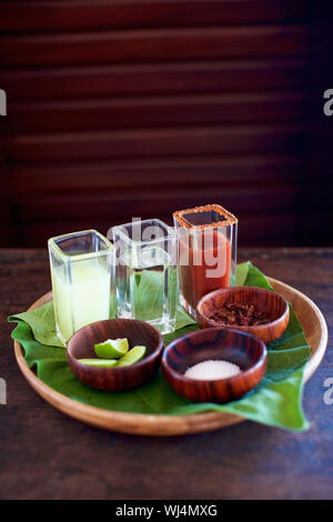 Gourmet tequila shots on tray Stock Photo