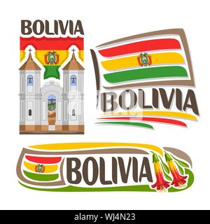 Vector logo for Bolivia, 3 isolated images: church of San Felipe Neri in Sucre on background of national state Flag and bolivian kantuta flowers. Stock Vector