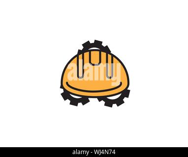 Engineer icon vector with hat helmet and gear or cogwheel flat sign symbols logo illustration isolated on white background . Stock Vector