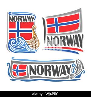 Vector illustration of logo for Norway, 3 isolated illustrations: norwegian national state flag over the boat on the waves, horizontal symbol of Norwa Stock Vector