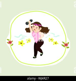 Lady doing excercise with dumbell, dancing joyfully, in white circle background and flower decoration. Stock Vector