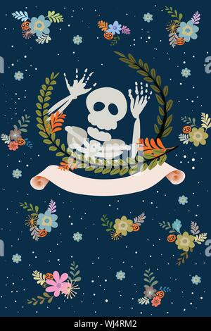 Halloween card, background pattern design. Funny skeleton in floral frame with name tag on dark blue background and flower pattern Stock Vector