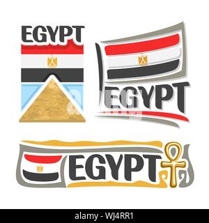 Vector logo for Egypt, 3 isolated images: ancient great pyramid in Giza on background of national state flag and ankh souvenir. Stock Vector