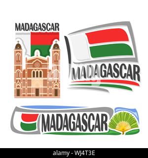 Vector logo for Madagascar, 3 isolated images: catholic cathedral in Betafo on background of national state flag and travellers palm tree. Stock Vector