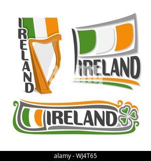 Vector illustration of logo for Ireland, consisting of 3 isolated illustrations: national state flag above the harp, symbol of Ireland and the flag on Stock Vector