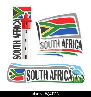 Vector logo for South Africa, 3 isolated images: lighthouse at Umhlanga Rocks on background of national state flag and bird blue crane. Stock Vector