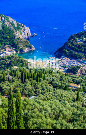 Paleokastritsa - Paradise coastline scenery with crystal clear azure water in Bays - Corfu, Ionian island, Greece, Europe Stock Photo