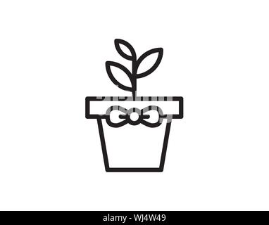 Cute Plant in Flower Pot with Ribbon – Line Art Gardening Gift Vector Stock Vector