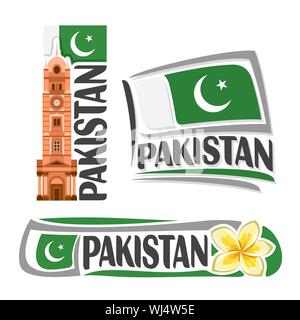 Vector logo for Pakistan, 3 isolated images: vertical banner with faisalabad clock tower on pakistani national state flag and jasmine flower or frangi Stock Vector