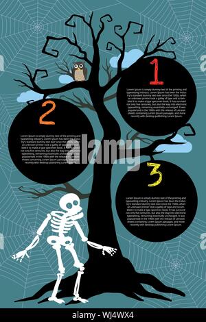 Creepy skeleton presenting information for halloween. Dead tree silhouette with black info friut hanging down the tree and spider web in the backgroun Stock Vector