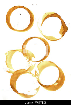 Collection of coffee splashes and stains isolated on white background. Stock Photo