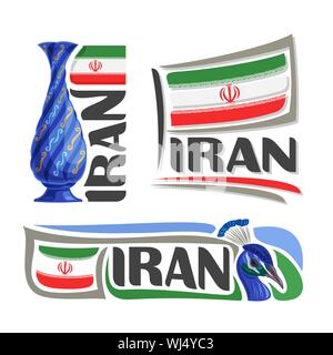 Vector logo for Iran, 3 isolated images: vertical banner with persian blue handicraft vase on background iranian national state flag and peafowl bird. Stock Vector