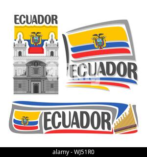 Vector logo for Ecuador, 3 isolated images: church St. Francis in Quito on national state Ecuadorian Flag and music rondador. Stock Vector