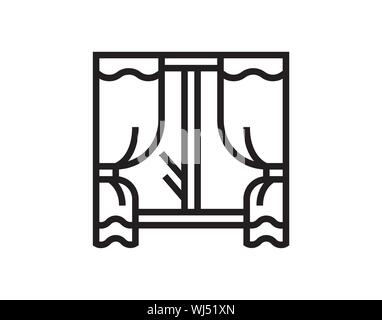 Window Icon with Curtains in Outline Style for Home Decor Stock Vector
