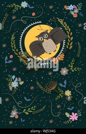 cute Halloween owl in floral frame, halloween poster design. Owl on dark green background and flower pattern. Stock Vector