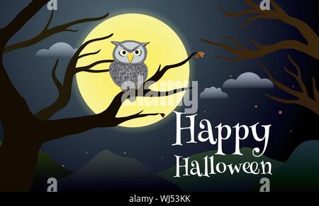 Happy Halloween poster design. Spooky night owl resting on dead tree branch with full moon in the background. Stock Vector