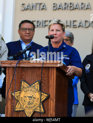 Santa Barbara, USA. 2nd Sep, 2019. U.S. Coast Guard Los Angeles-Long Beach Sector Commander Captain Monica Rochester speaks during a press briefing in Santa Barbara, California, the United States, Sept. 2, 2019. In response to multiple U.S. media reports that 25 bodies from the Southern California boat fire have been found, the County of Santa Barbara confirmed Monday night that there are more victims. Credit: Li Ying/Xinhua/Alamy Live News Stock Photo