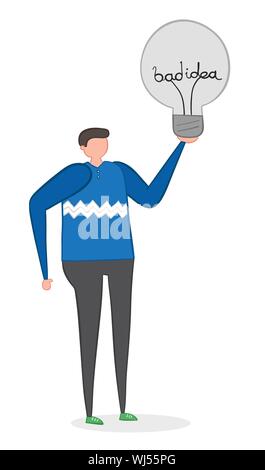 Vector illustration man holding bad idea light bulb. Hand drawn. Colored outlines. Stock Vector