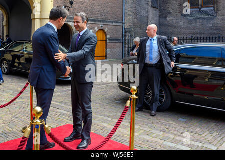 The Hague, Netherlands September 3rd, 2019 - Prime Minister Mark Rutte will receive Greek Prime Minister Kyriákos Mitsotákis for an introduction to the Ministry of General Affairs. The two heads of government first meet in the Torentje, followed by a wider delegation meeting during a working lunch in the Statenzaal. The agenda includes bilateral relations between Greece and the Netherlands, the reform program of the new Greek government, migration and current events on the European agenda. After that they have the Press Conference. Stock Photo