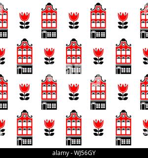 Amsterdam houses and tulips seamless vector pattern, Dutch buildings, Holland or Netherlands archictecture background Stock Vector