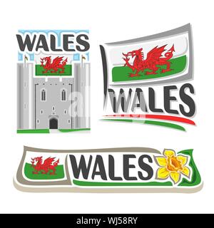 Vector logo for Wales, 3 isolated illustrations: Caerphilly castle east gatehouse on background of national state flag, symbol of Wales architecture a Stock Vector