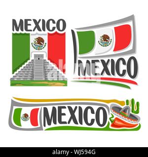 Vector logo for Mexico: Mayan pyramid of temple Kukulcan in Chichen Itza, national state flag, symbol Mexico architecture and flag United Mexican Stat Stock Vector