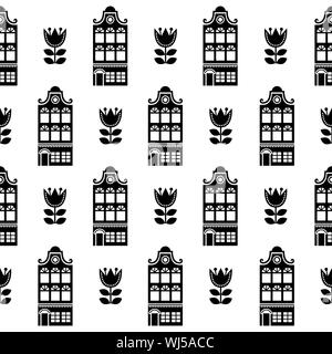 Amsterdam houses and tulips seamless vector pattern, Dutch buildings, Holland or Netherlands archictecture background in black and white Stock Vector