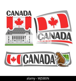 Vector logo for Canada, 3 isolated illustrations: Supreme Court in Ottawa on background of national state flag, symbol of Canada architecture and cana Stock Vector