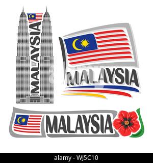 Vector logo for Malaysia, 3 isolated images: vertical banner with abstract skyline on malaysian national state flag and symbol of malaysia red hibiscu Stock Vector