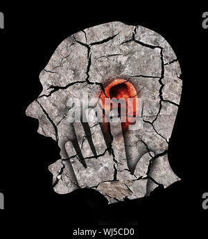 Man with cracked ear and head, symbolizing tinnitus and ear problems. Male head stylized profile. Photomontage with dry cracked earth. Concept symbol Stock Photo