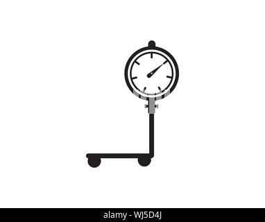 Mobile pressure gauge icon on wheeled stand, industrial measurement equipment black vector symbol isolated on white Stock Vector
