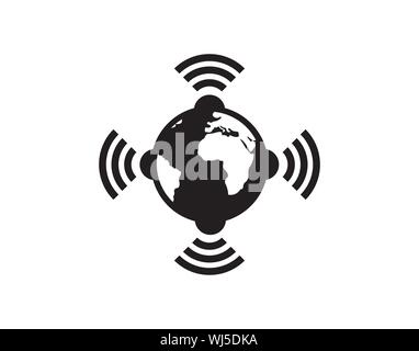 Global wireless network globe icon with wifi signal waves, black and white communication vector symbol Stock Vector