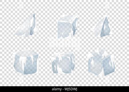 Set of transparency ice cubes with snow. Vector illustration. 3D design. Stock Vector