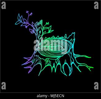 Color gradient stump drawing with new leaves. Old tree pattern Stock Vector
