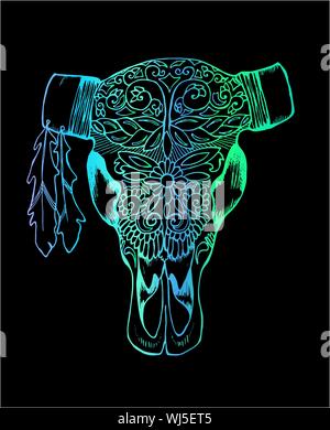 Gradient illustration of a bull's skull. Decorated cow's head Stock Vector