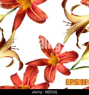 Orange and red lilies on a white background. Seamless vector pattern for fabric, wrapping or curtains. Stock Vector