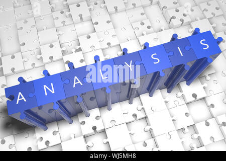 Analysis - puzzle 3d render illustration with block letters on blue jigsaw pieces Stock Photo