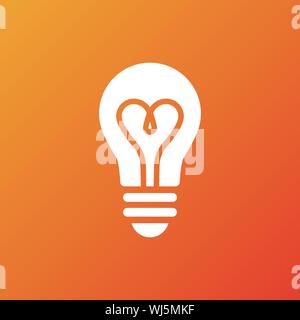 Light bulb icon. Isolated electric lamp on gradient background. Heart filament. Love light. Vector illustration, flat design Stock Vector