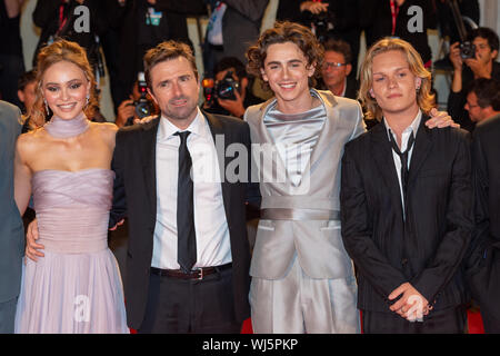 VENICE, ITALY - 02nd September, 2019. Lily-Rose Depp, David Michod, Timothée Chalamet and Tom Glynn-Carney attend the red carpet for the World Premiere of The King during the 76th Venice Film Festival at Palazzo del Cinema on September 02, 2019 in Venice, Italy. © Roberto Ricciuti/Awakening/Alamy Live News Stock Photo