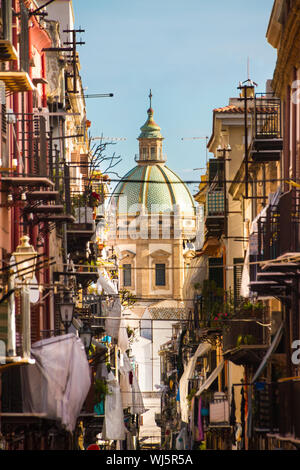 View at the church of San Matteo located in heart of Palermo, Italy, Europe;  tarditional Italian medieval city center with typical narrow residential Stock Photo