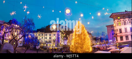 Romantic Ljubljana's city center  decorated for Christmas fairytale. Preseren's square, Ljubljana, Slovenia, Europe. Stock Photo