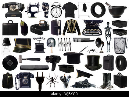 Collage of Black objects on white background Stock Photo